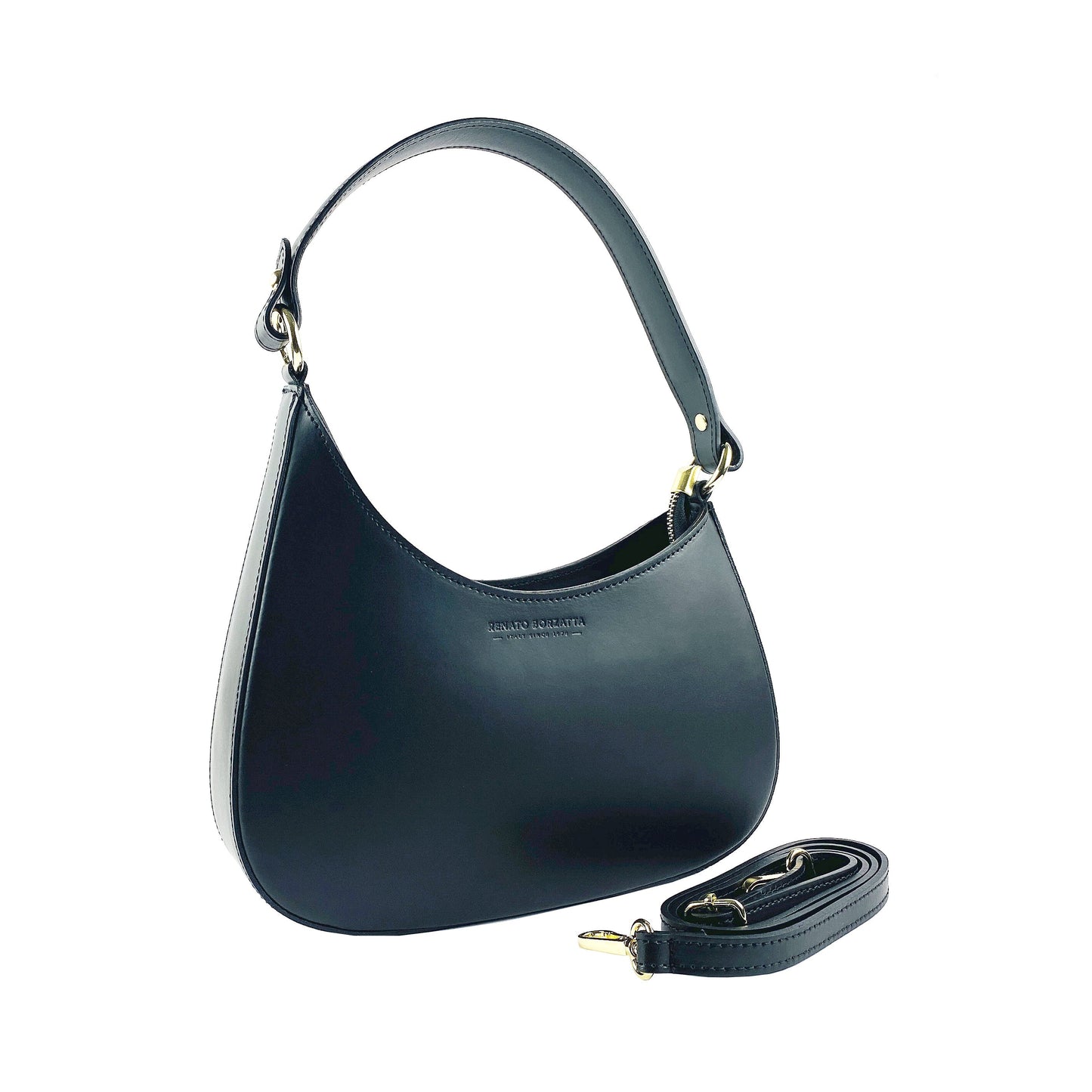 Black Leather Shoulder Bag with Removable Strap, Made in Italy