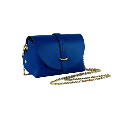 Royal Blue Mini Leather Bag with Gold Chain, Made in Italy