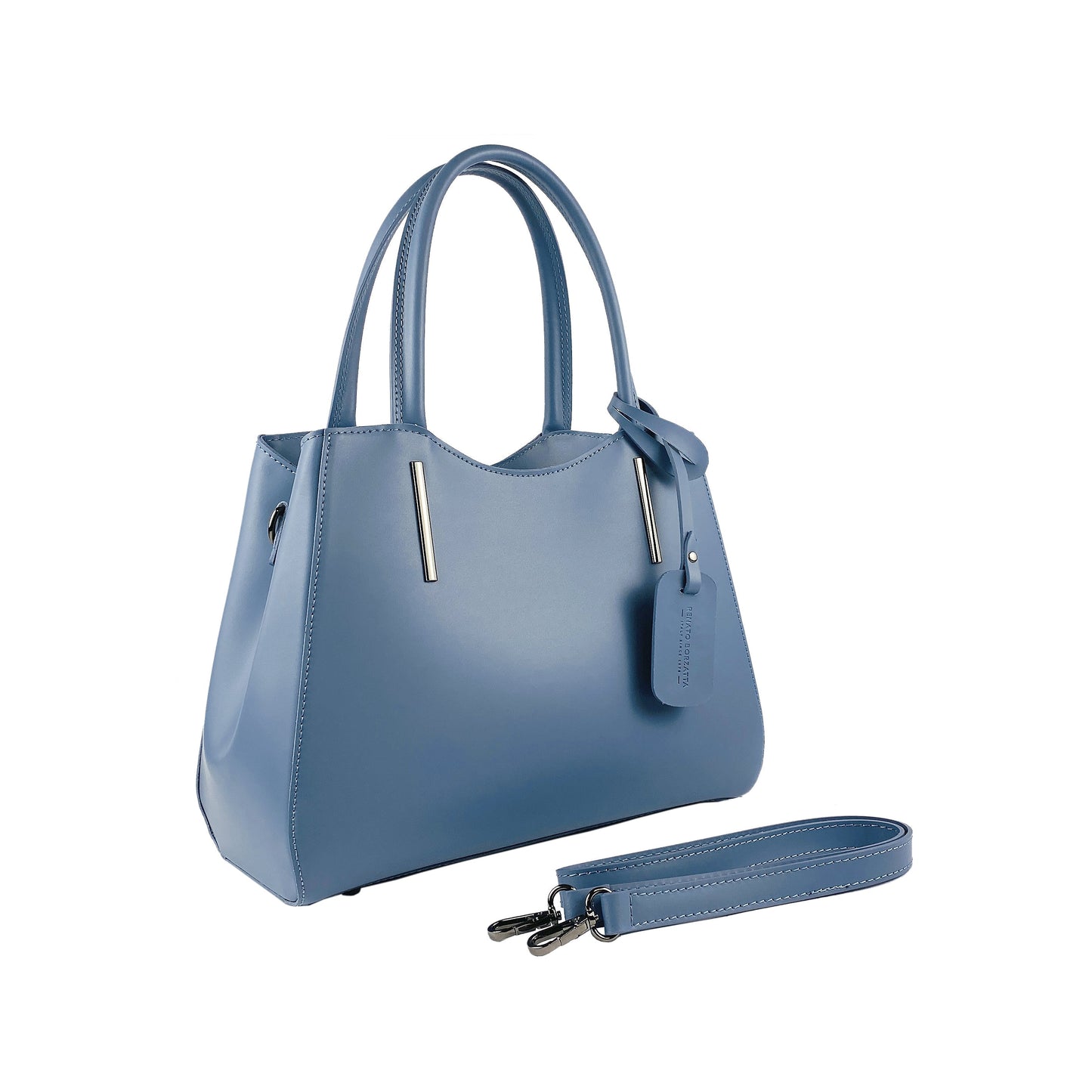 Structured Leather Handbag in Avio Blue, Made in Italy