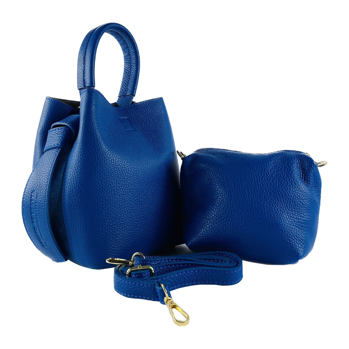 Royal Blue Leather Bucket Bag with Detachable Pouch, Made in Italy