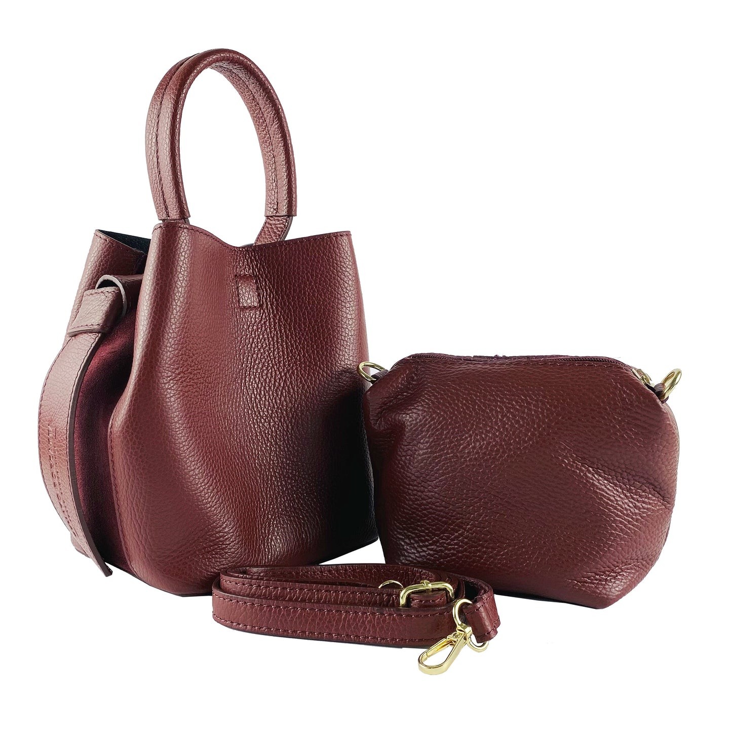 Bordeaux Leather Bucket Bag with Detachable Pouch, Made in Italy