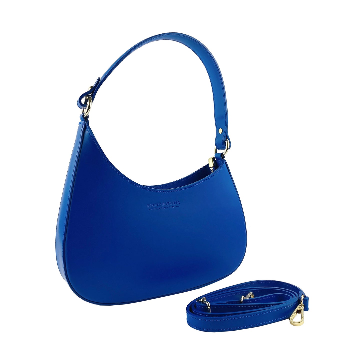 Royal Blue Leather Shoulder Bag with Removable Strap, Made in Italy