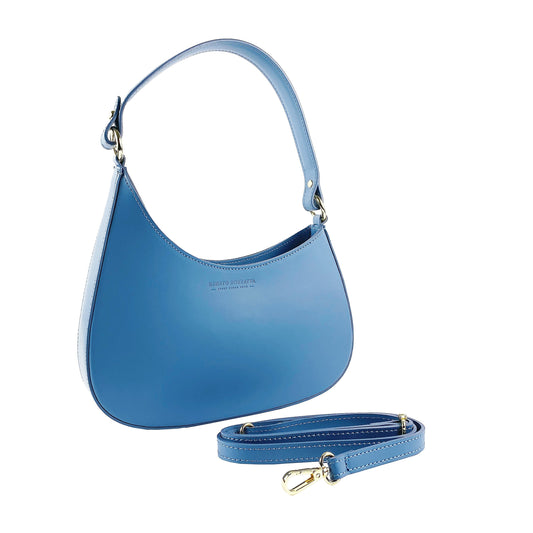 Avio Blue Leather Shoulder Bag with Removable Strap, Made in Italy