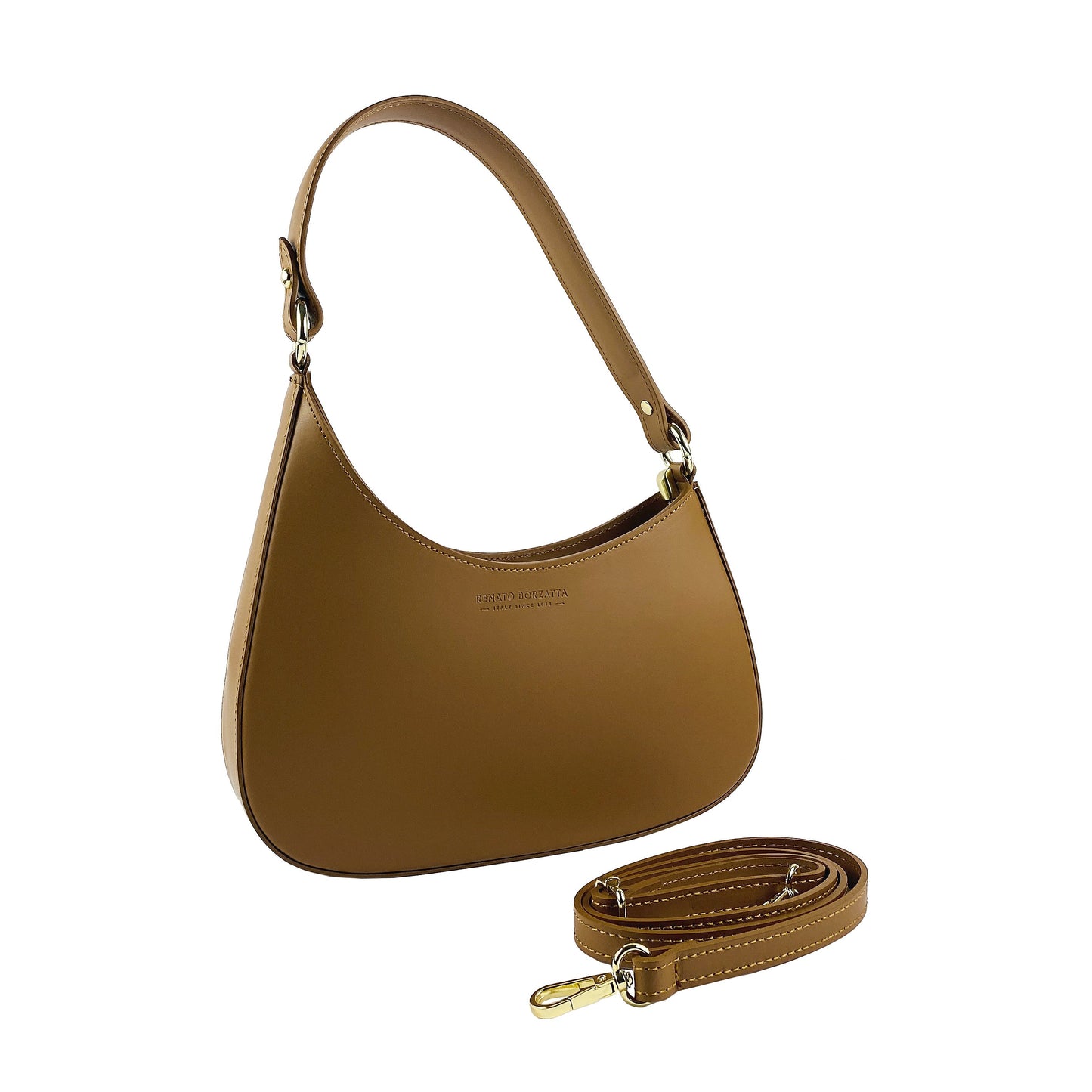 Cognac Leather Shoulder Bag with Removable Strap, Made in Italy