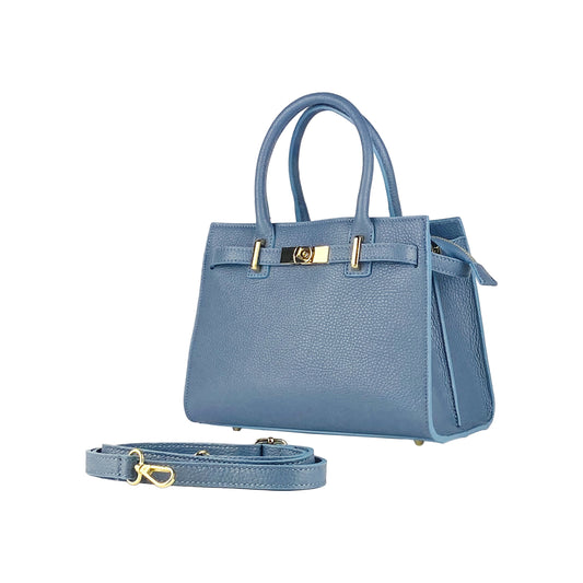 Avio Blue Leather Handbag with Removable Strap, Made in Italy