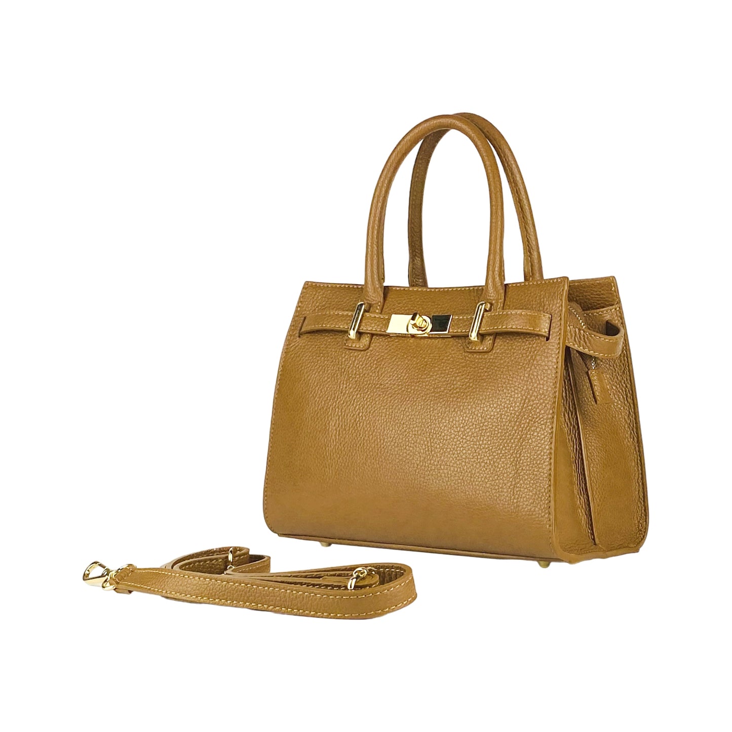 Cognac Leather Handbag with Removable Strap, Made in Italy