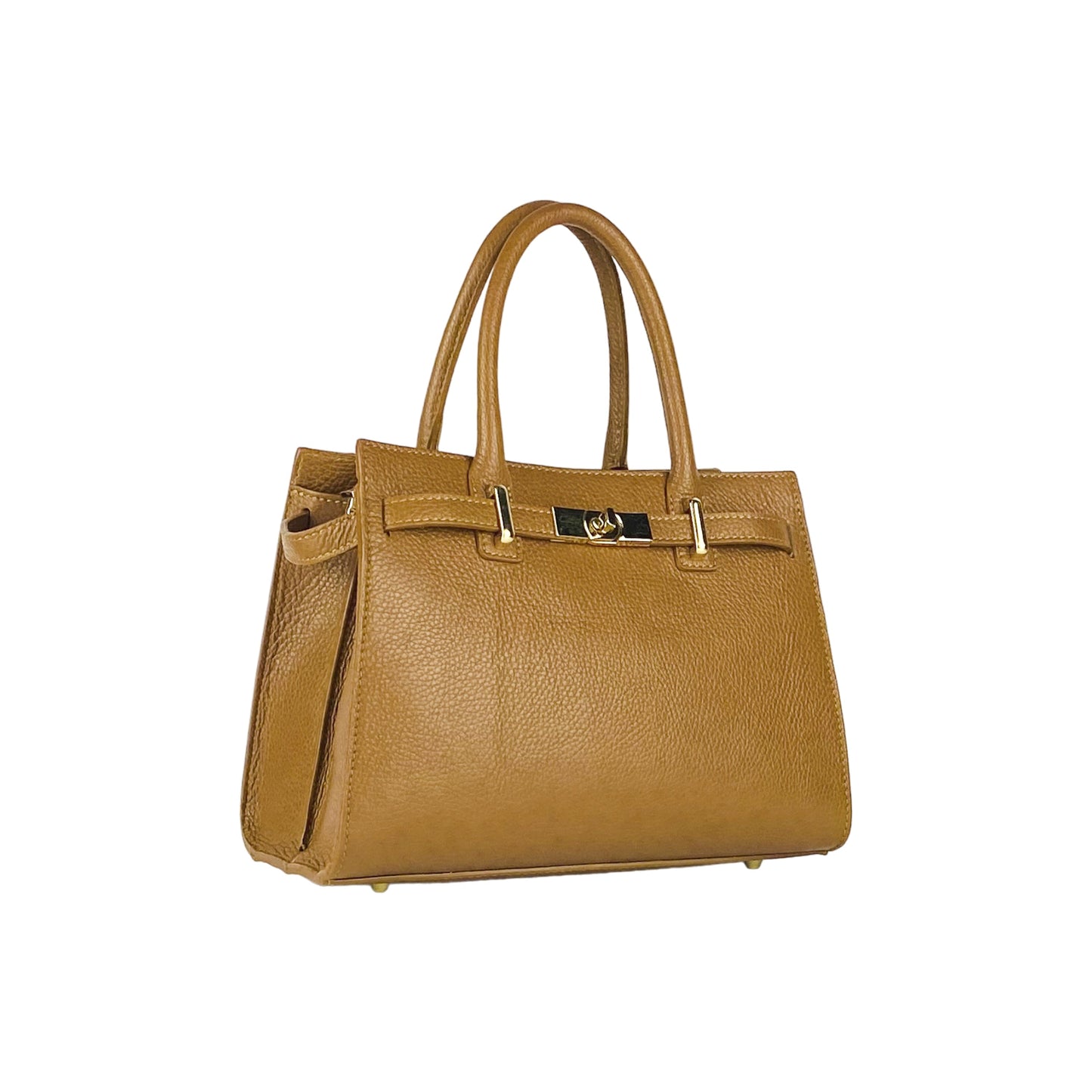 Cognac Leather Handbag with Removable Strap, Made in Italy