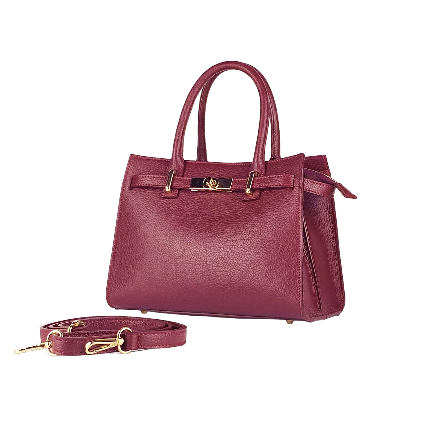 Bordeaux Leather Handbag with Removable Strap, Made in Italy