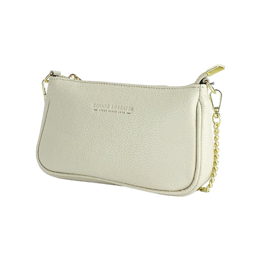 Ivory Leather Mini Bag with Gold Chain Strap, Made in Italy