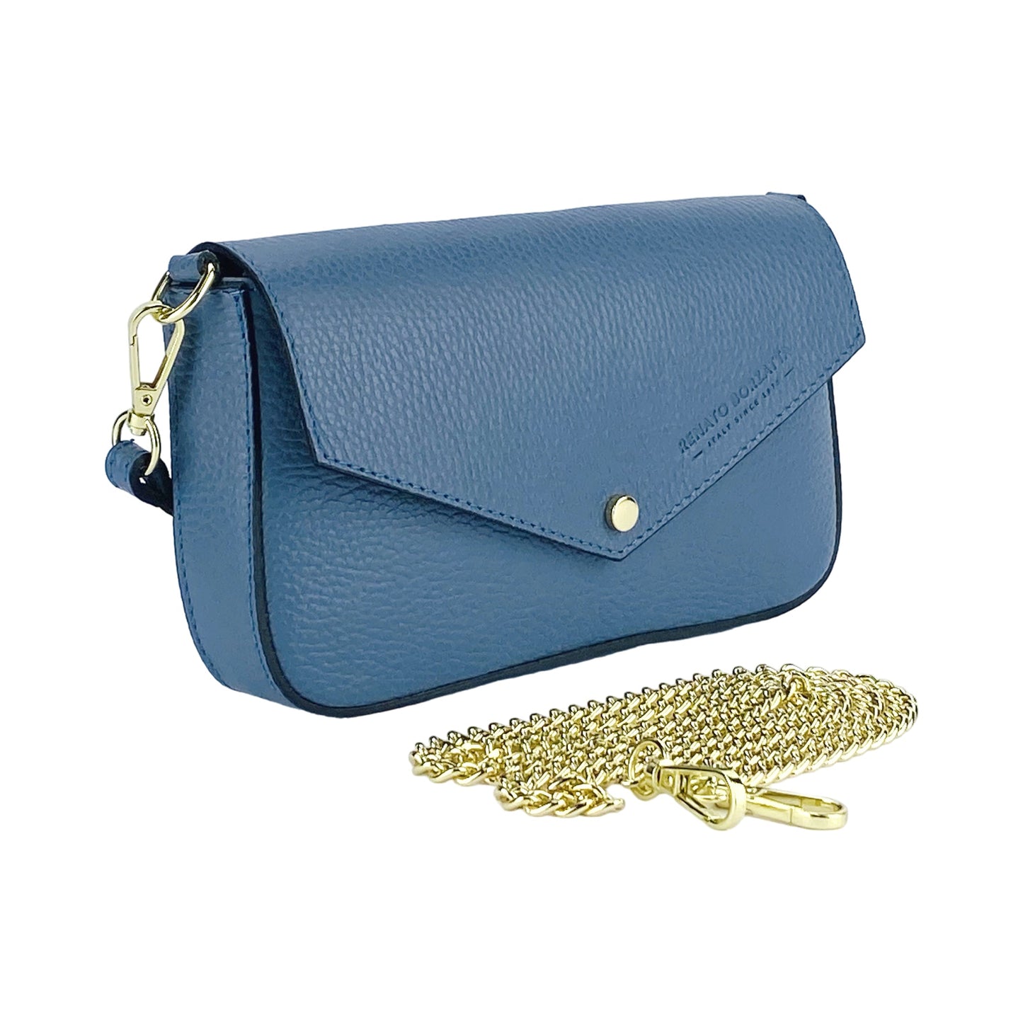 Avio Blue Mini Shoulder Bag with Gold Chain, Made in Italy