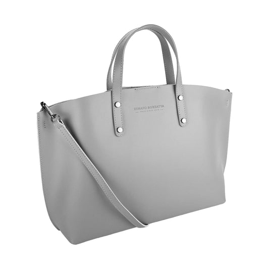 Grey Leather Handbag with Removable Strap, Made in Italy