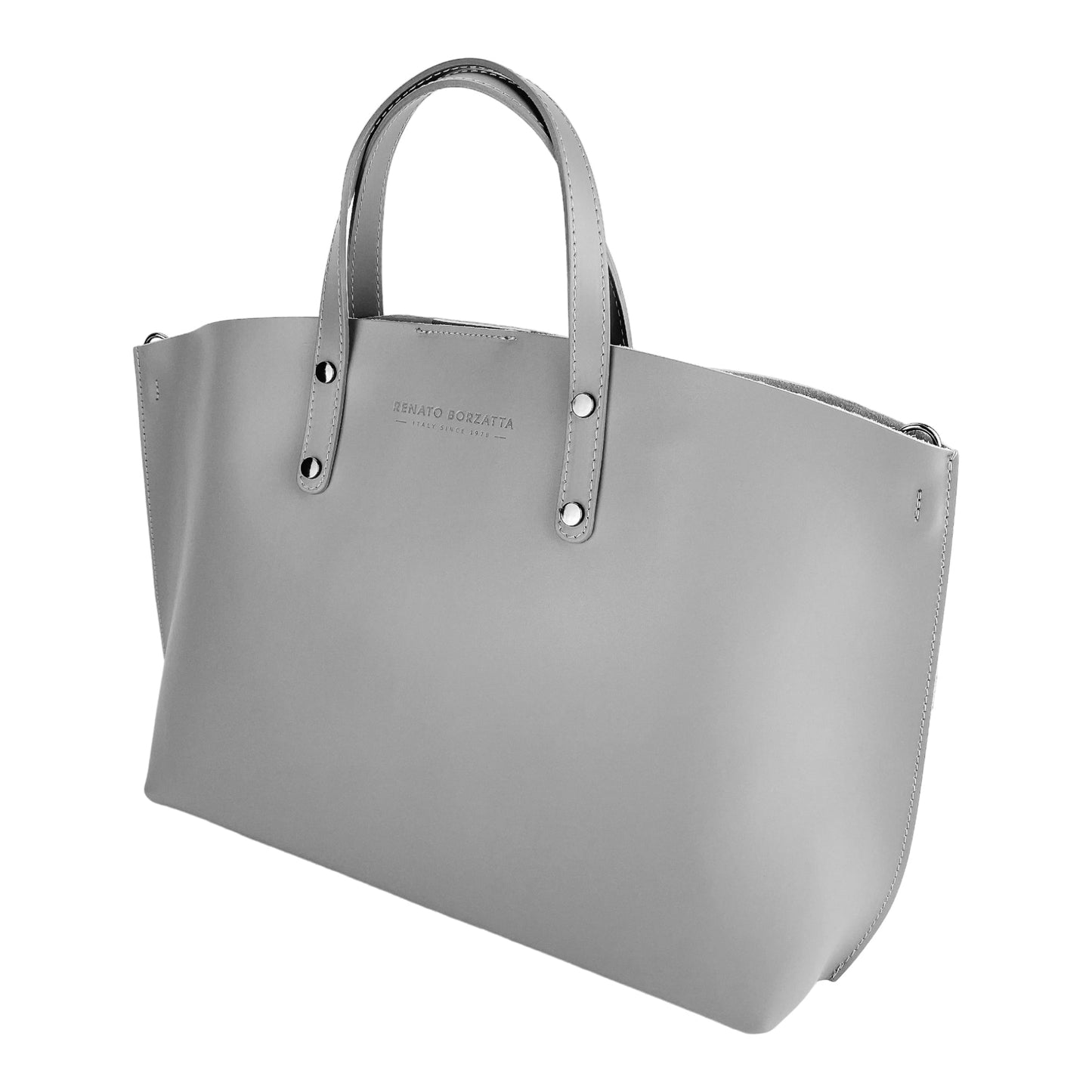 Grey Leather Handbag with Removable Strap, Made in Italy