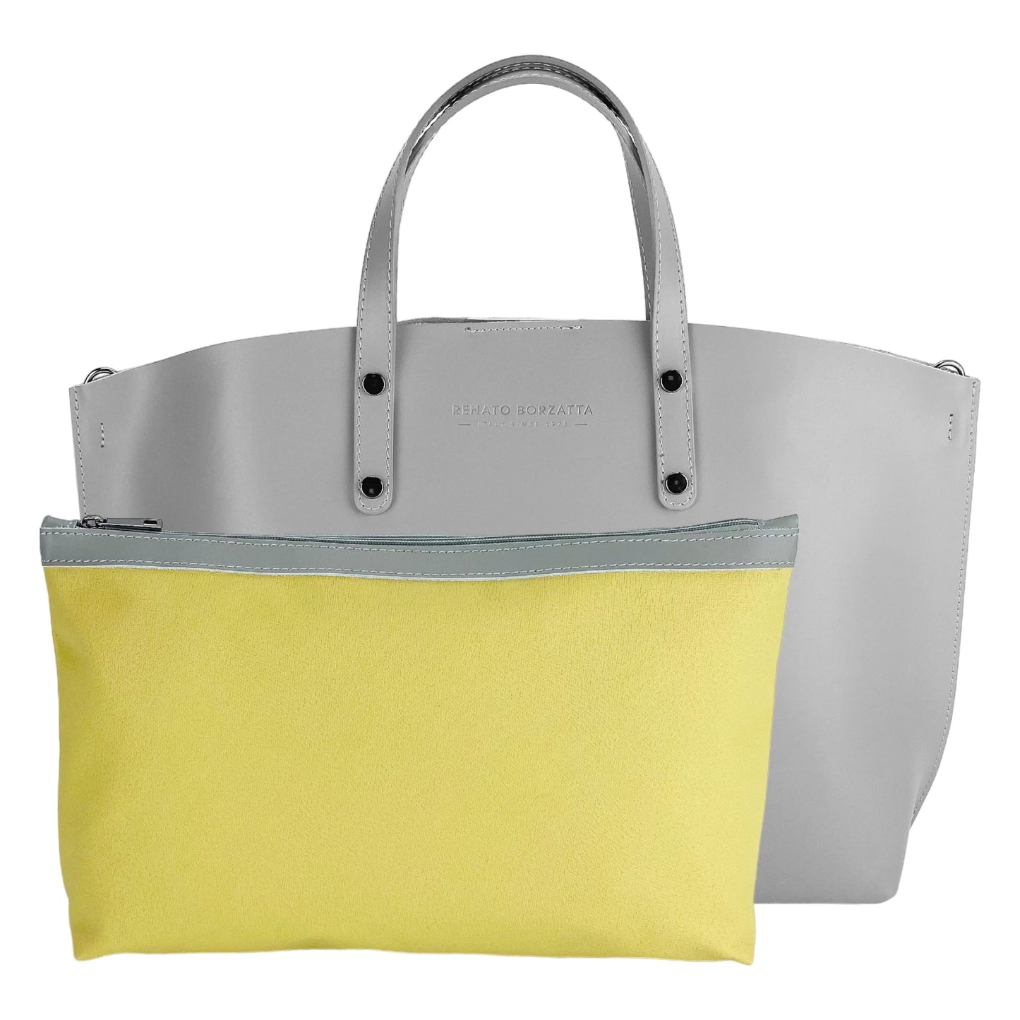 Grey Leather Handbag with Removable Strap, Made in Italy