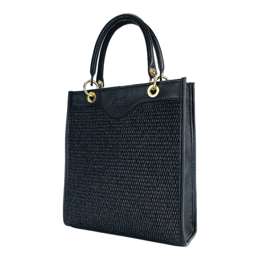 Vertical Leather & Straw Handbag in Black, Made in Italy