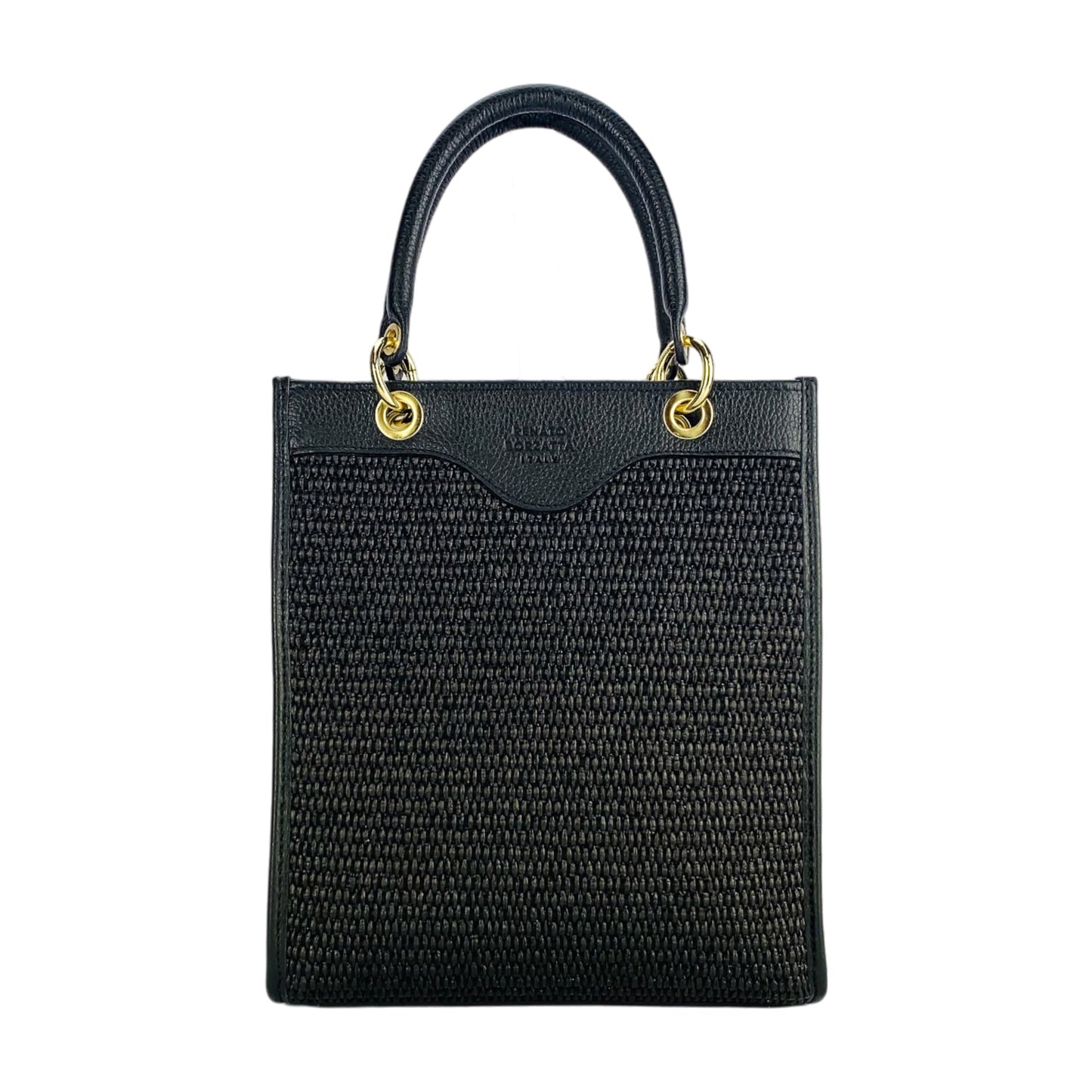 Vertical Leather & Straw Handbag in Black, Made in Italy