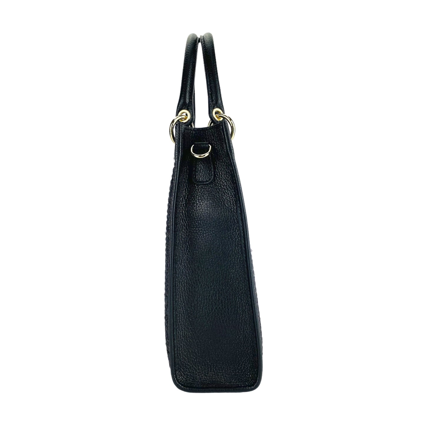 Vertical Leather & Straw Handbag in Black, Made in Italy