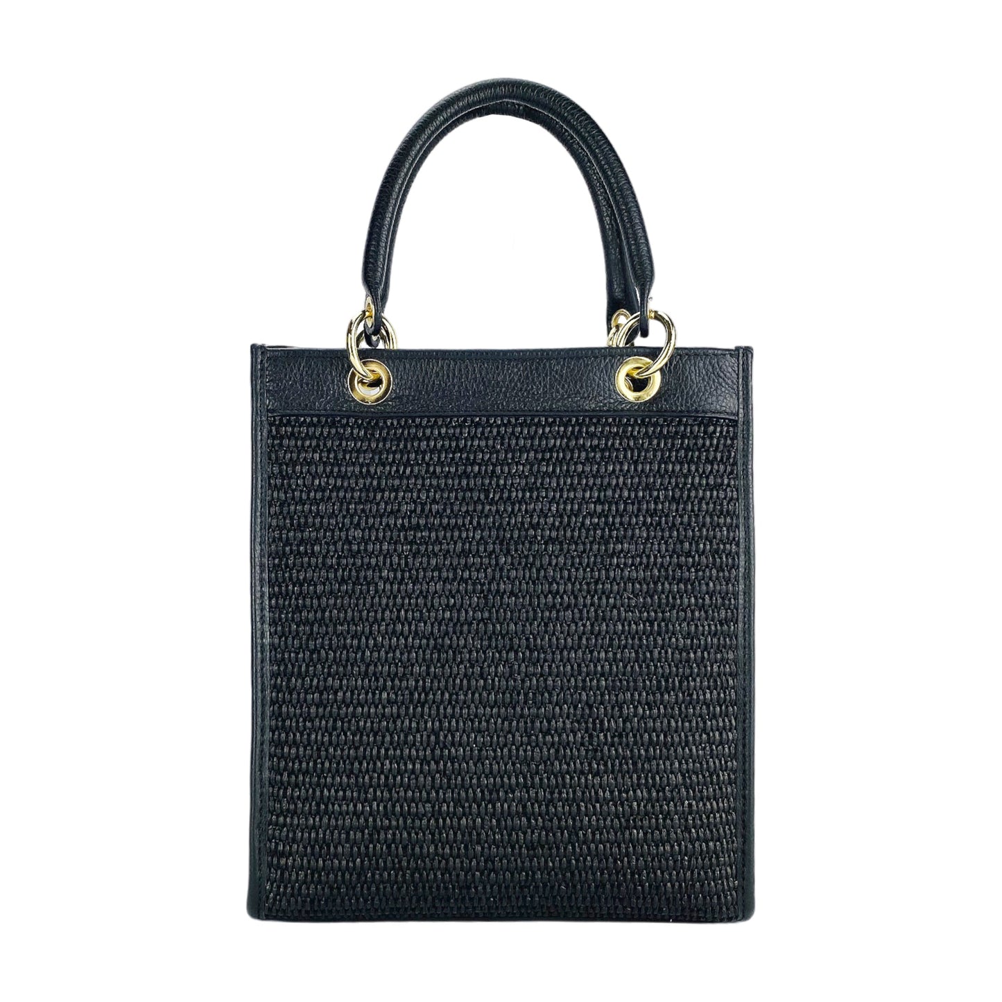 Vertical Leather & Straw Handbag in Black, Made in Italy