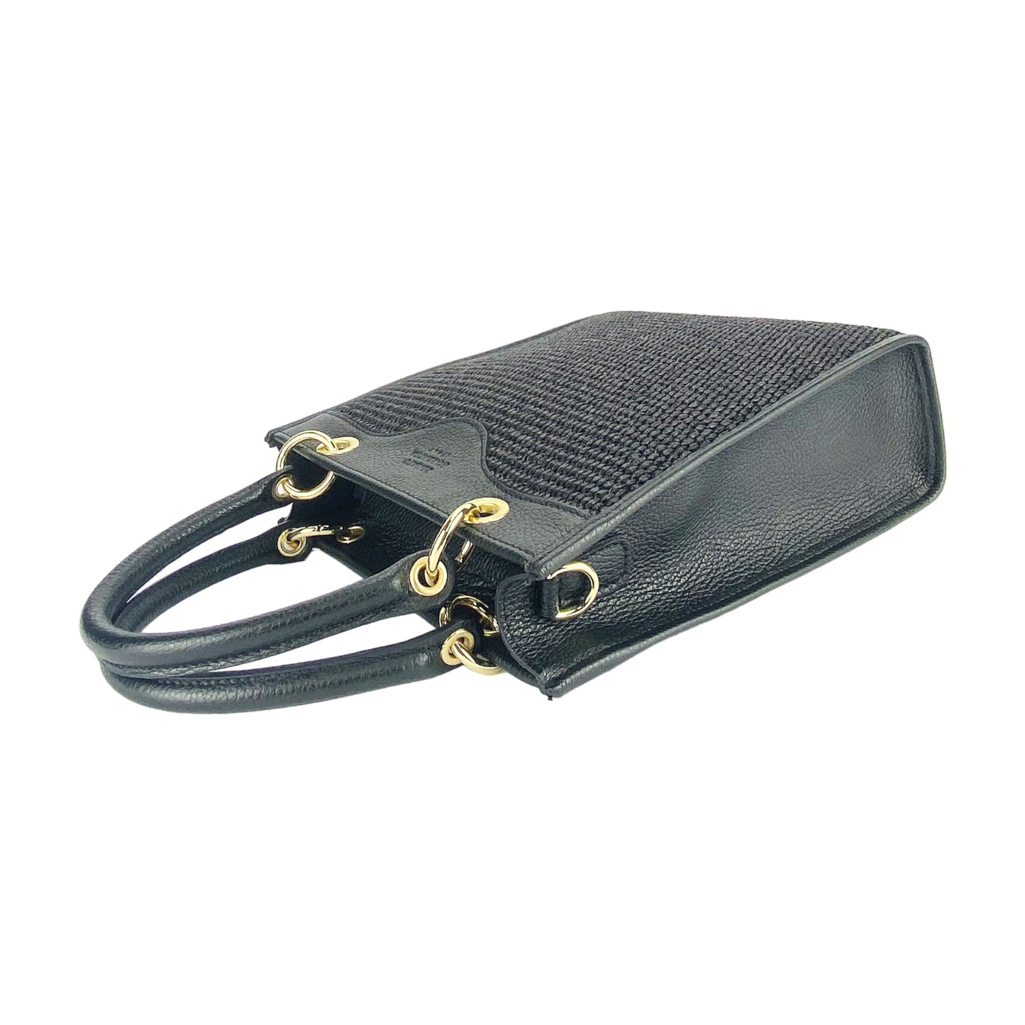 Vertical Leather & Straw Handbag in Black, Made in Italy