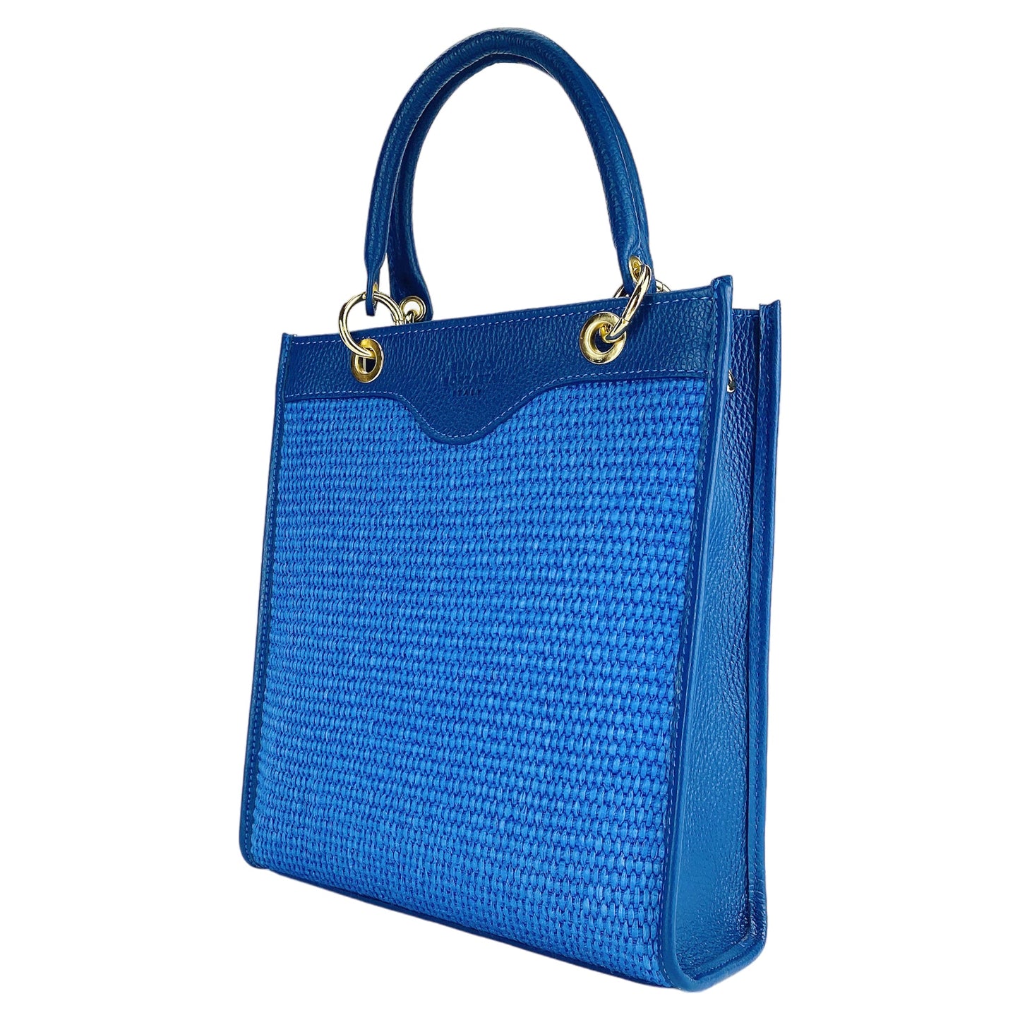 Royal Blue Leather & Straw Vertical Handbag, Made in Italy