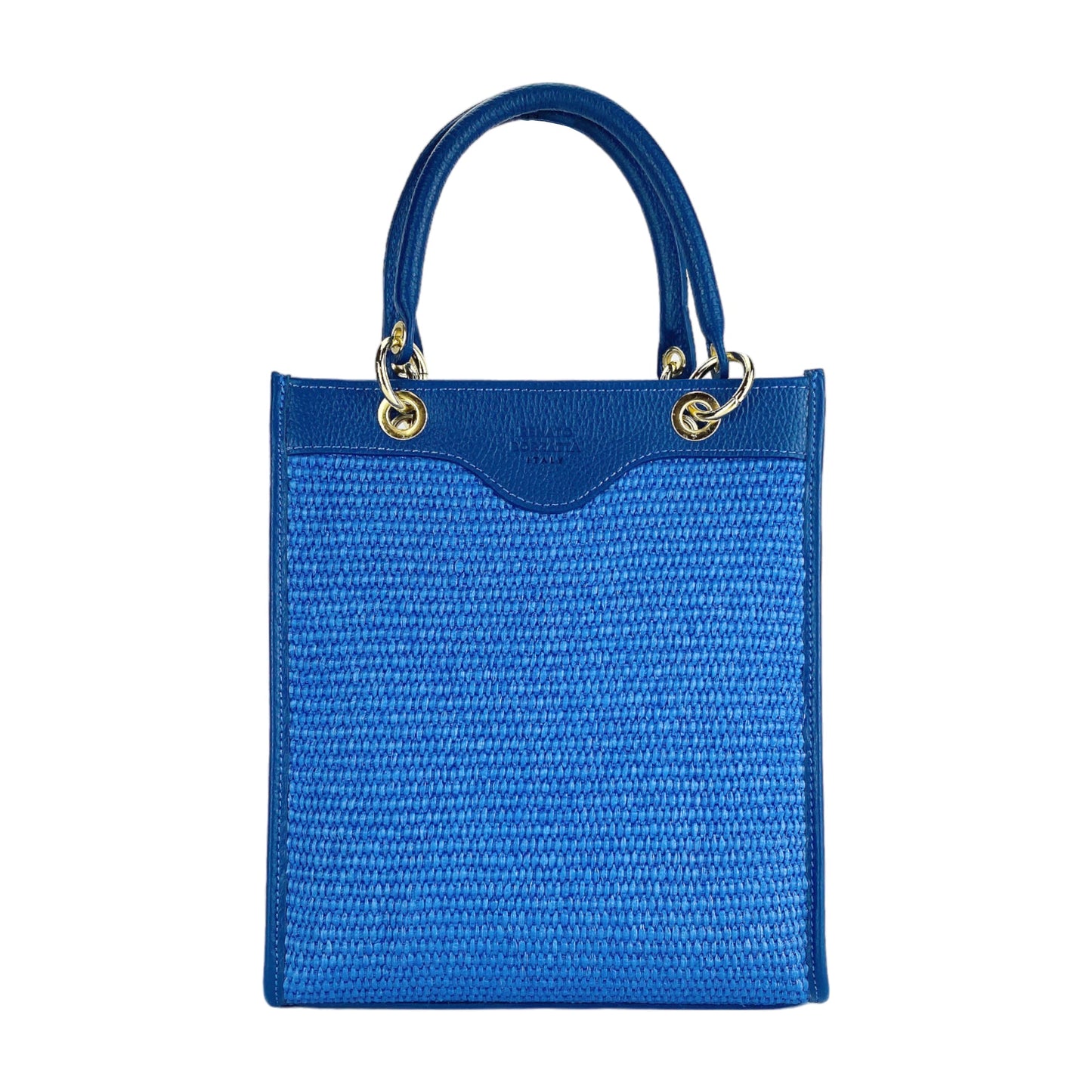 Royal Blue Leather & Straw Vertical Handbag, Made in Italy