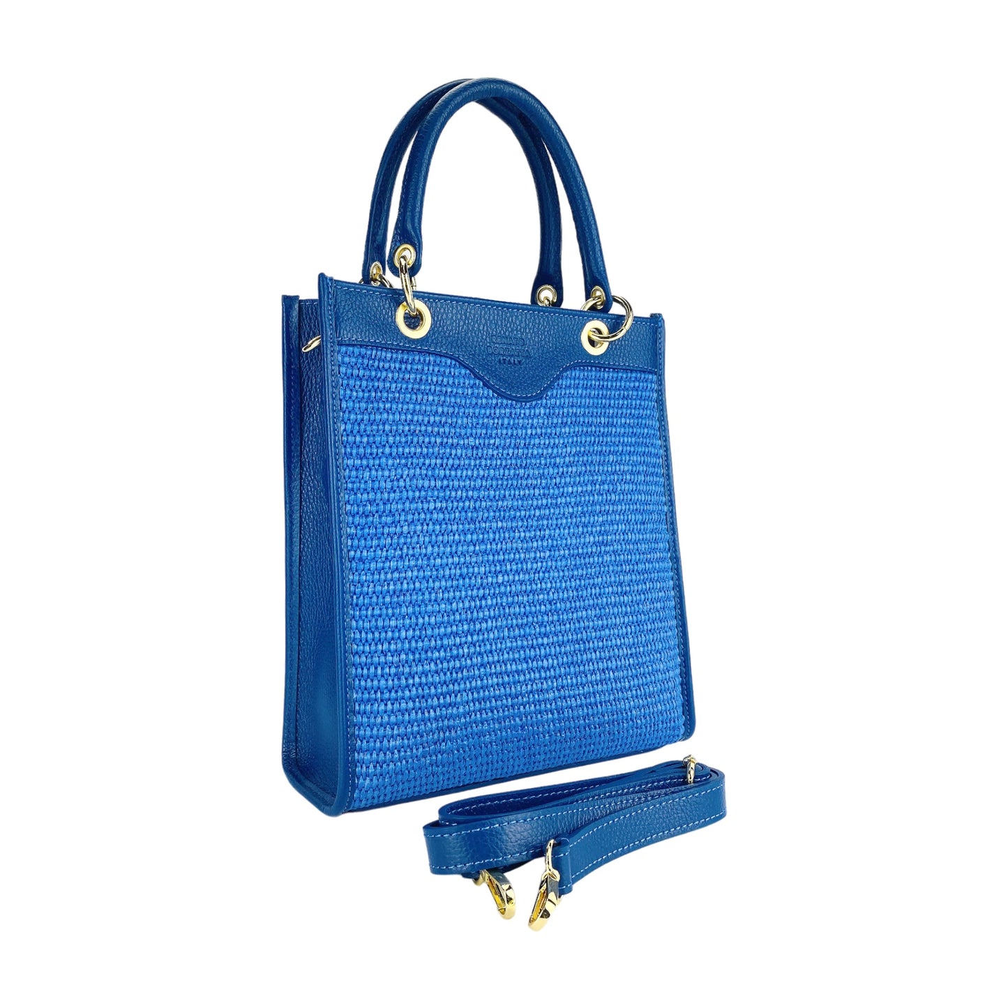 Royal Blue Leather & Straw Vertical Handbag, Made in Italy