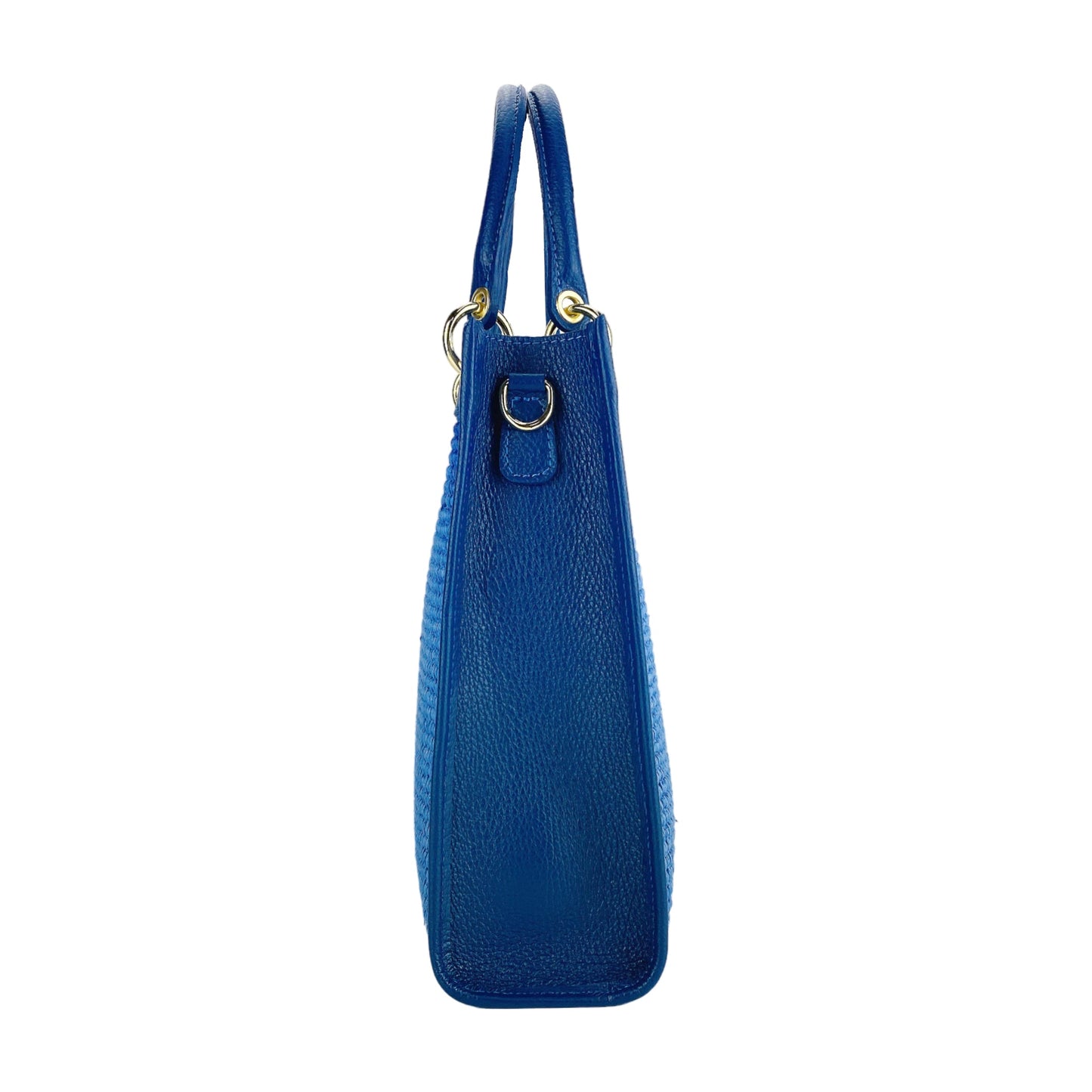 Royal Blue Leather & Straw Vertical Handbag, Made in Italy