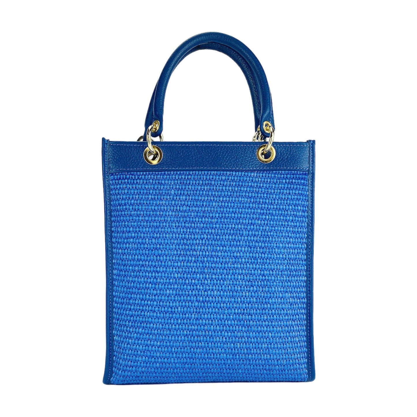 Royal Blue Leather & Straw Vertical Handbag, Made in Italy