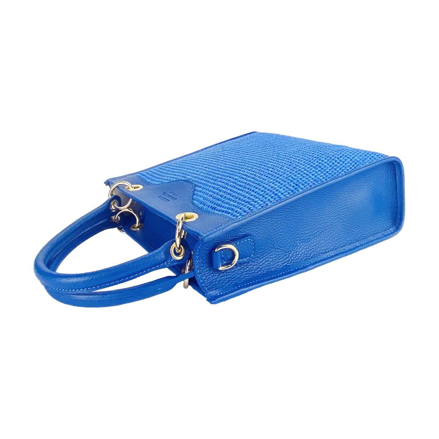 Royal Blue Leather & Straw Vertical Handbag, Made in Italy