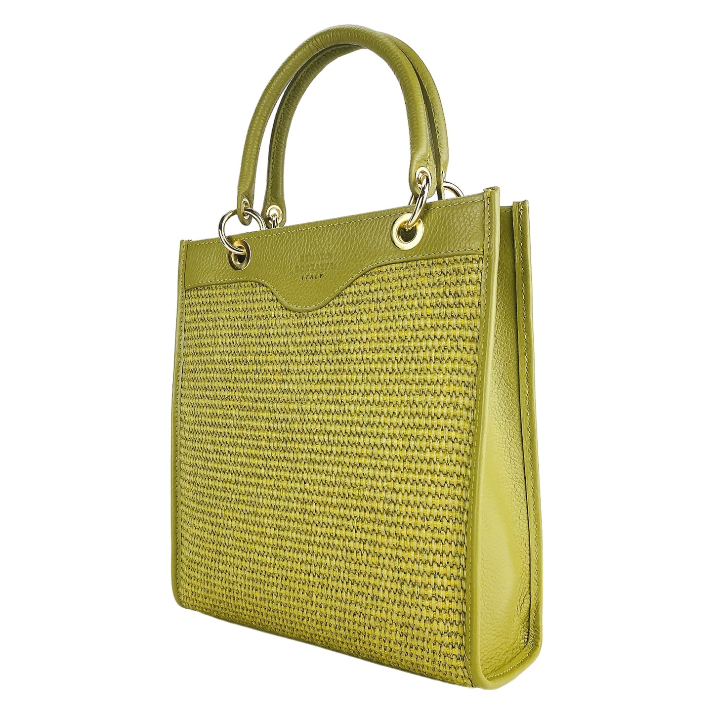 Pistachio Leather & Straw Vertical Handbag, Made in Italy