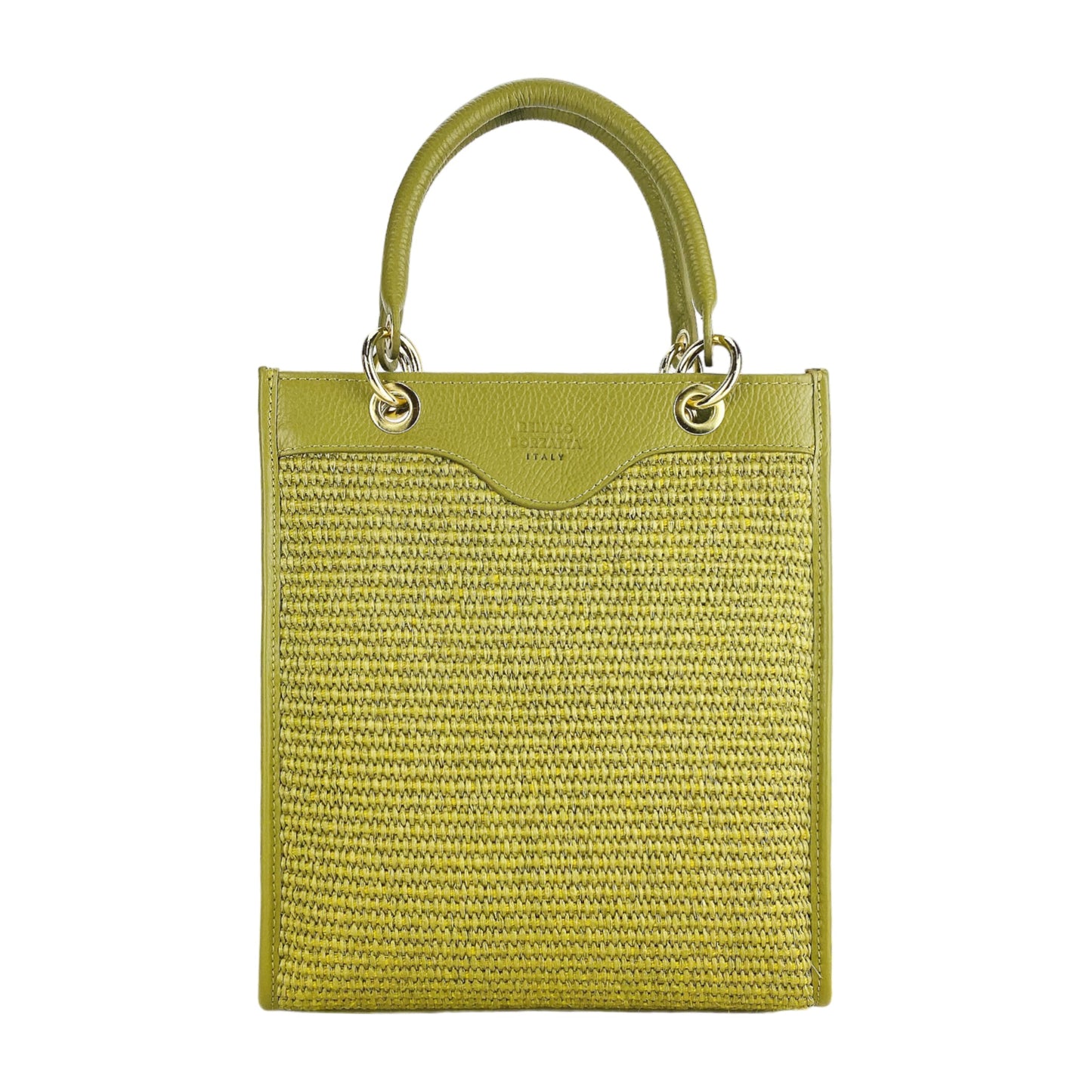 Pistachio Leather & Straw Vertical Handbag, Made in Italy