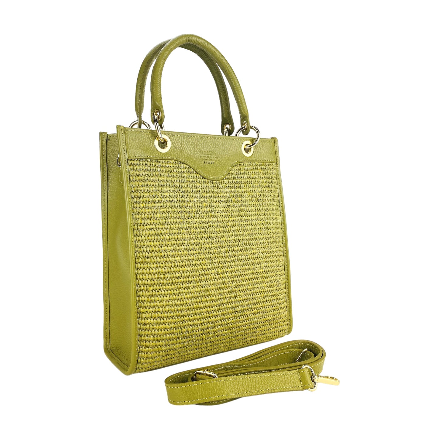 Pistachio Leather & Straw Vertical Handbag, Made in Italy