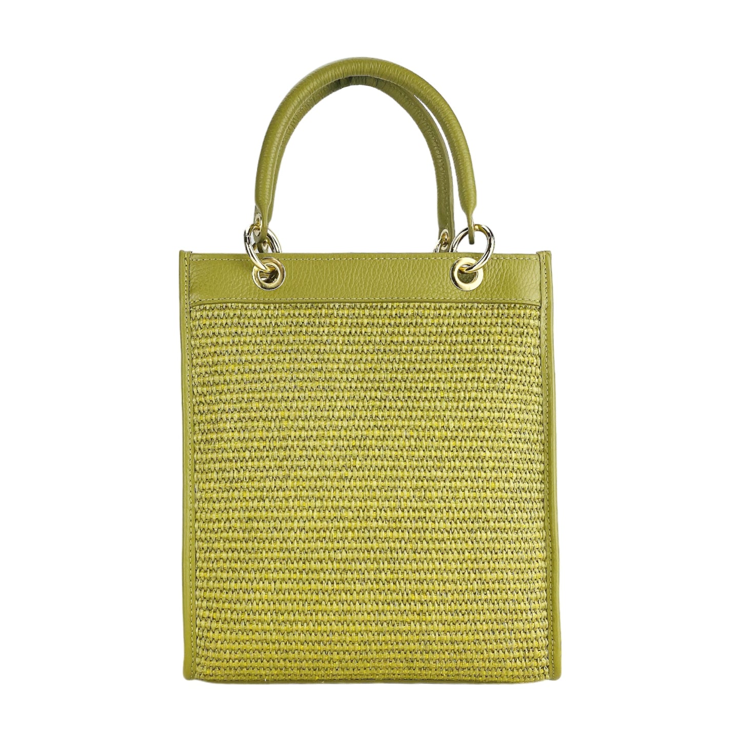 Pistachio Leather & Straw Vertical Handbag, Made in Italy