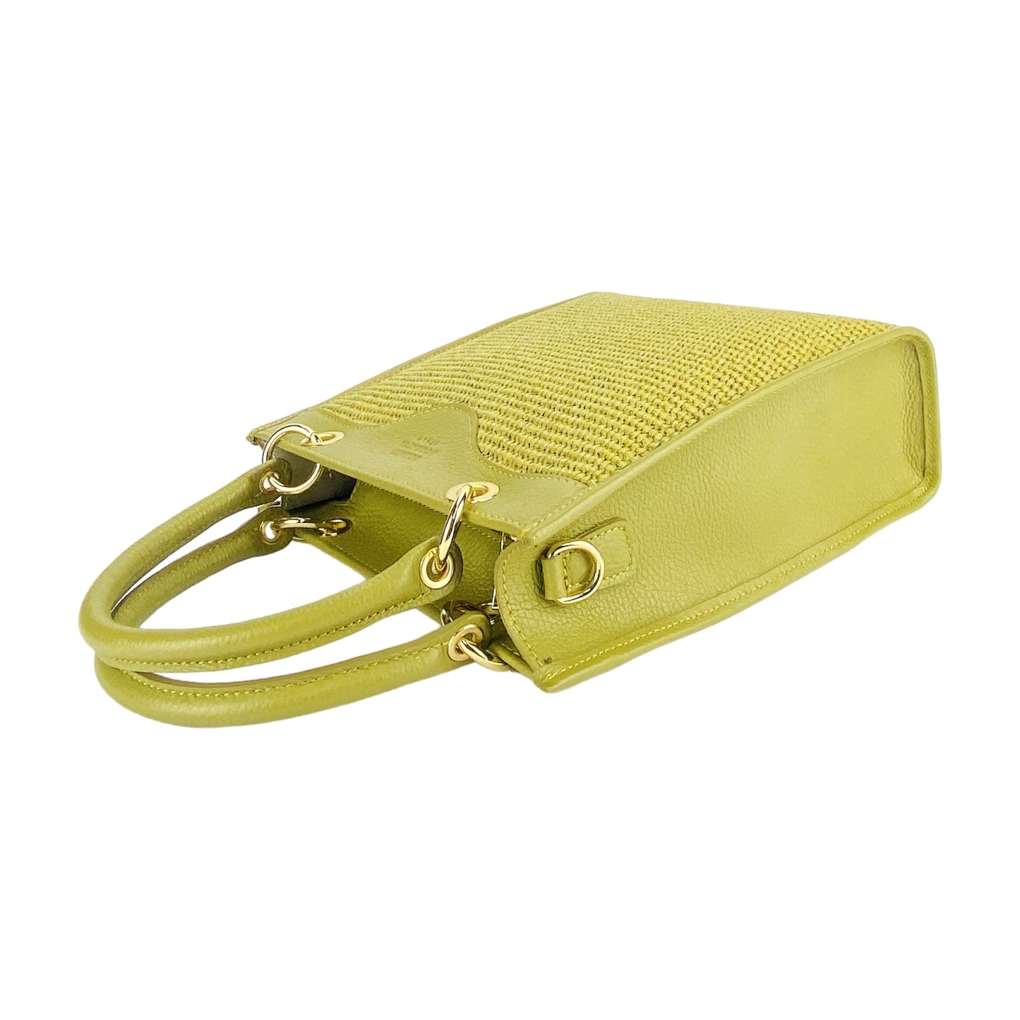 Pistachio Leather & Straw Vertical Handbag, Made in Italy