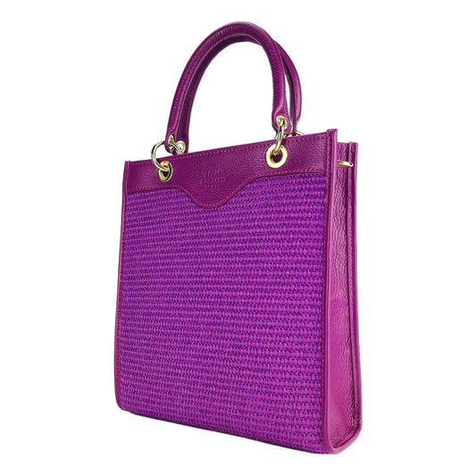 Vertical Handbag in Raspberry Leather & Straw