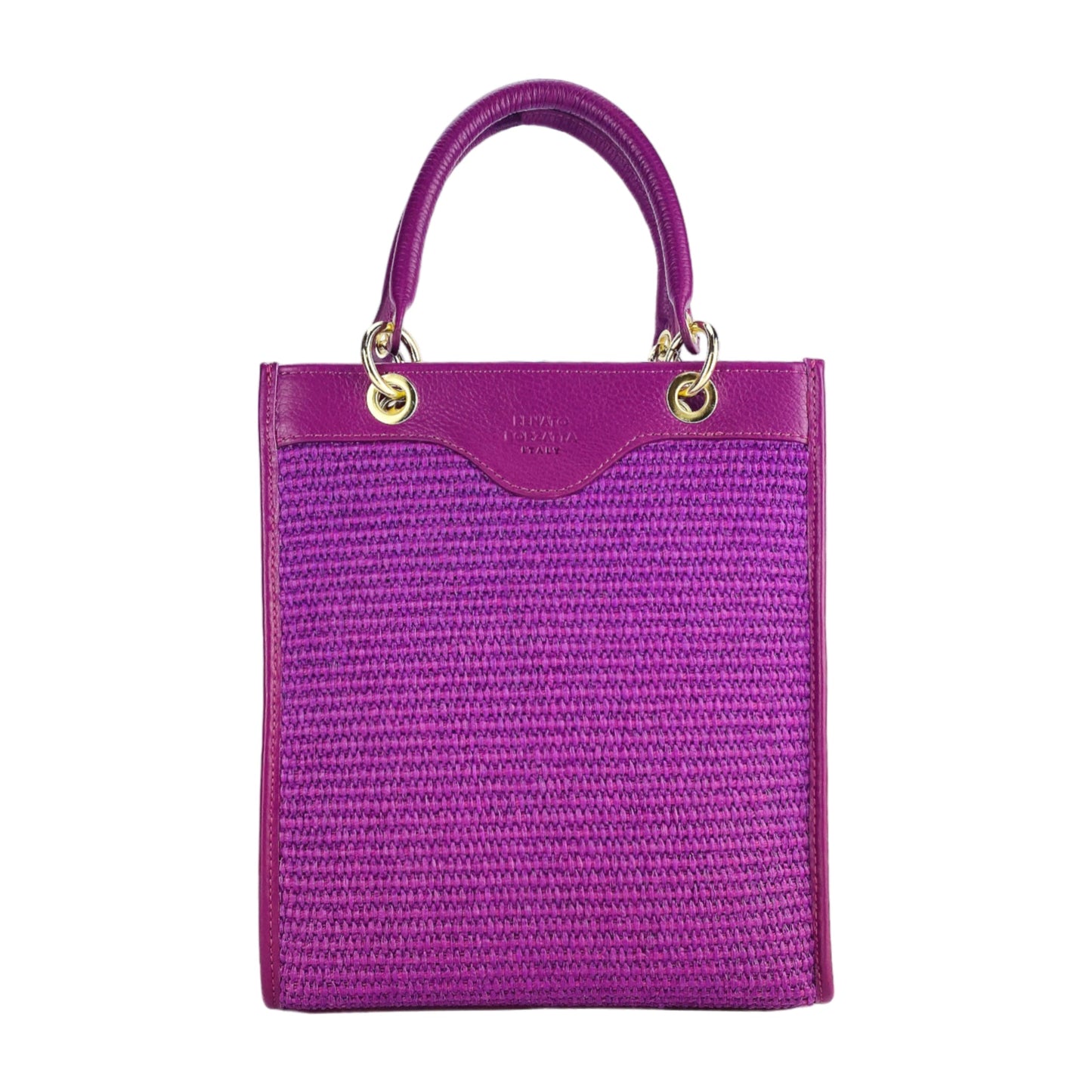 Vertical Handbag in Raspberry Leather & Straw