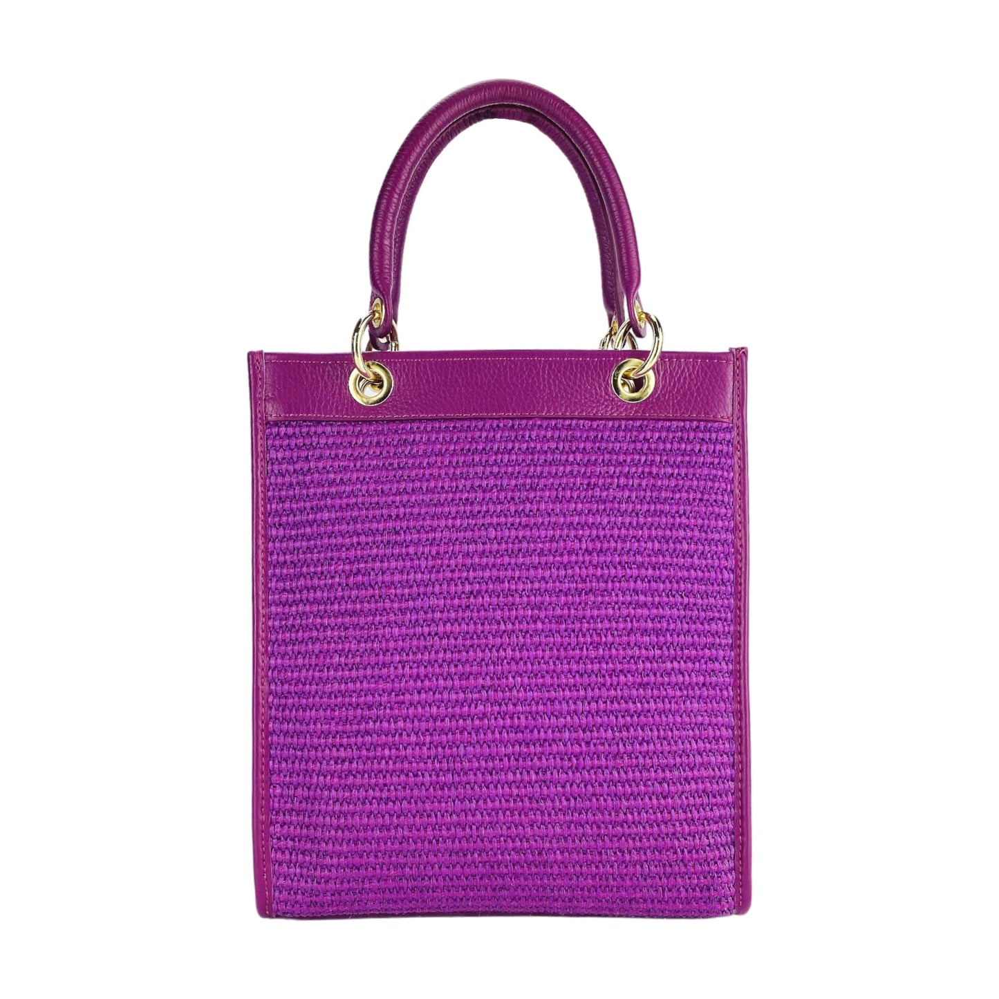 Vertical Handbag in Raspberry Leather & Straw