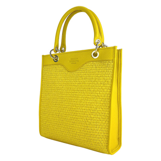 Vertical Leather & Straw Handbag in Yellow, Made in Italy