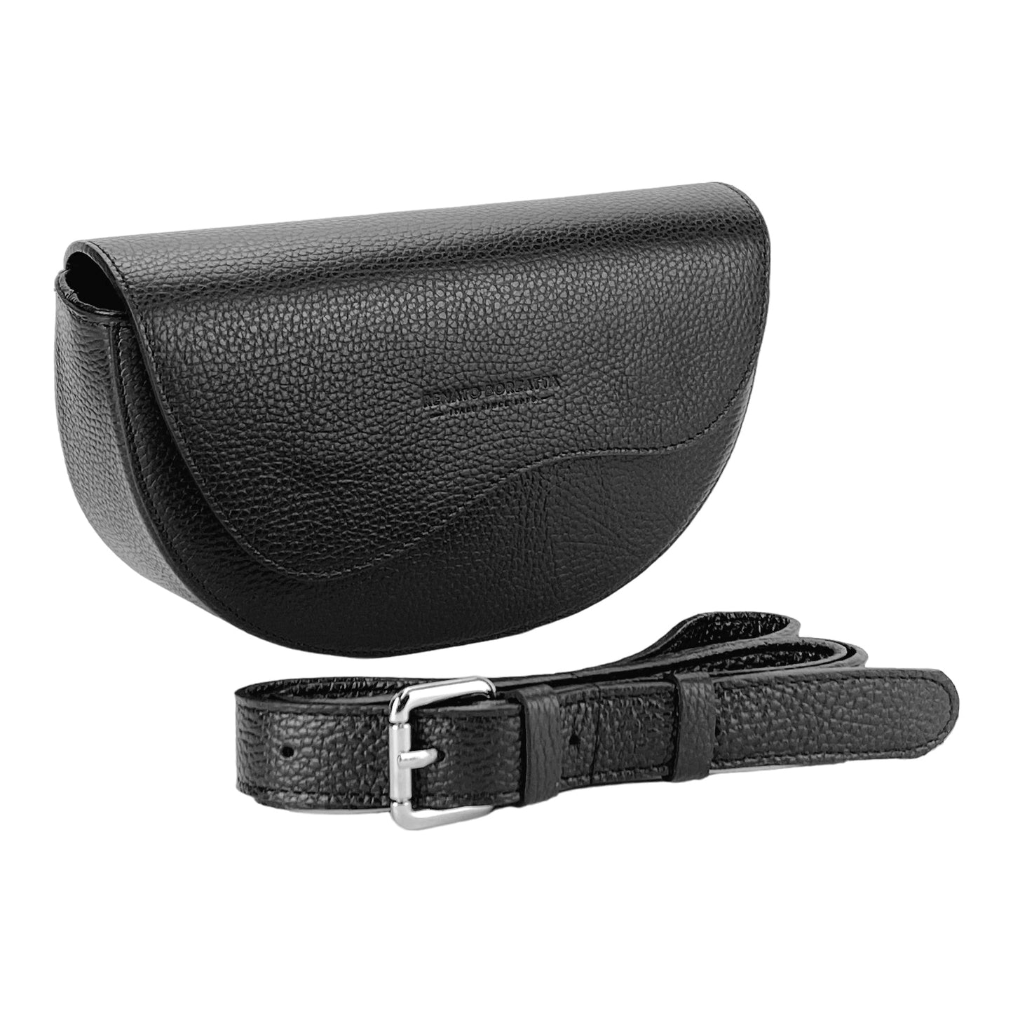 Black Curved Leather Crossbody Bag, Made in Italy