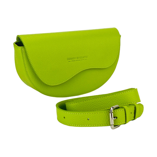 Curved Leather Crossbody Bag in Lime, Made in Italy