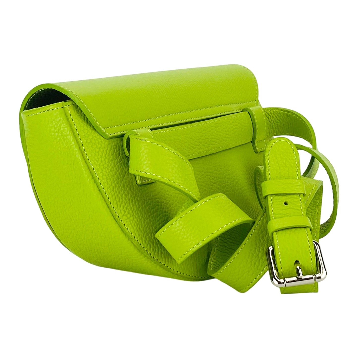 Curved Leather Crossbody Bag in Lime, Made in Italy