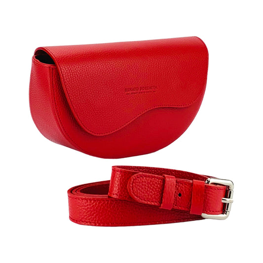 Curved Leather Crossbody Bag in Red, Made in Italy