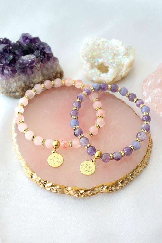 Rose Quartz & Amethyst Elastic Bracelet – 24K Lotus Flower Charm