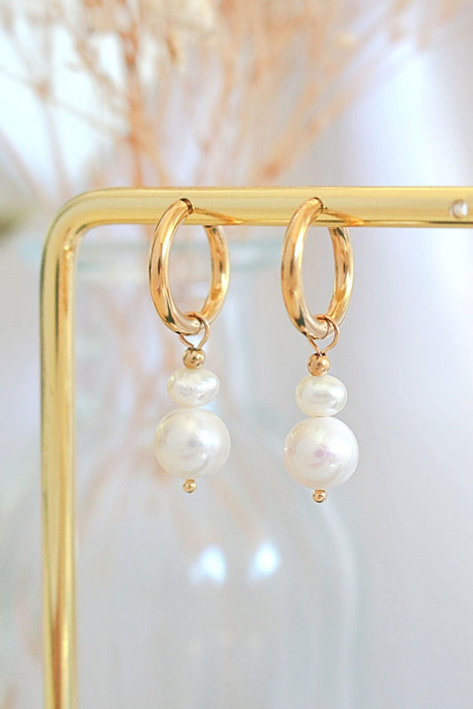 "Timeless Elegance" – 24K Freshwater Pearl Baroque Dangle Hoops