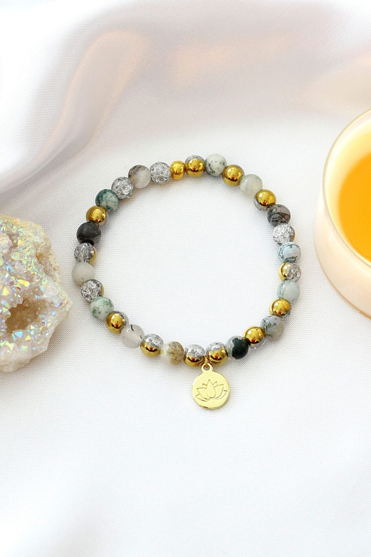 Mossy Agate Elastic Bracelet with 24K Gold Lotus Charm – A Symbol of Spiritual Growth