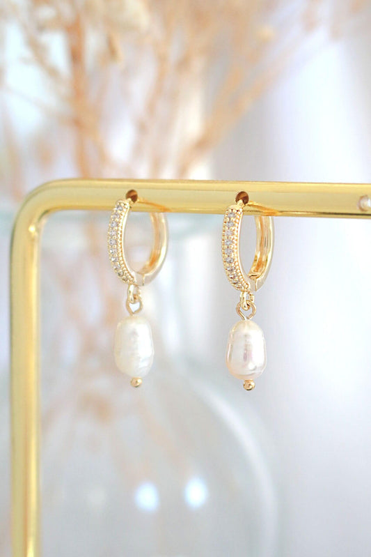 24K Gold Freshwater Pearl Mini Dangle Hoops – Timeless Elegance