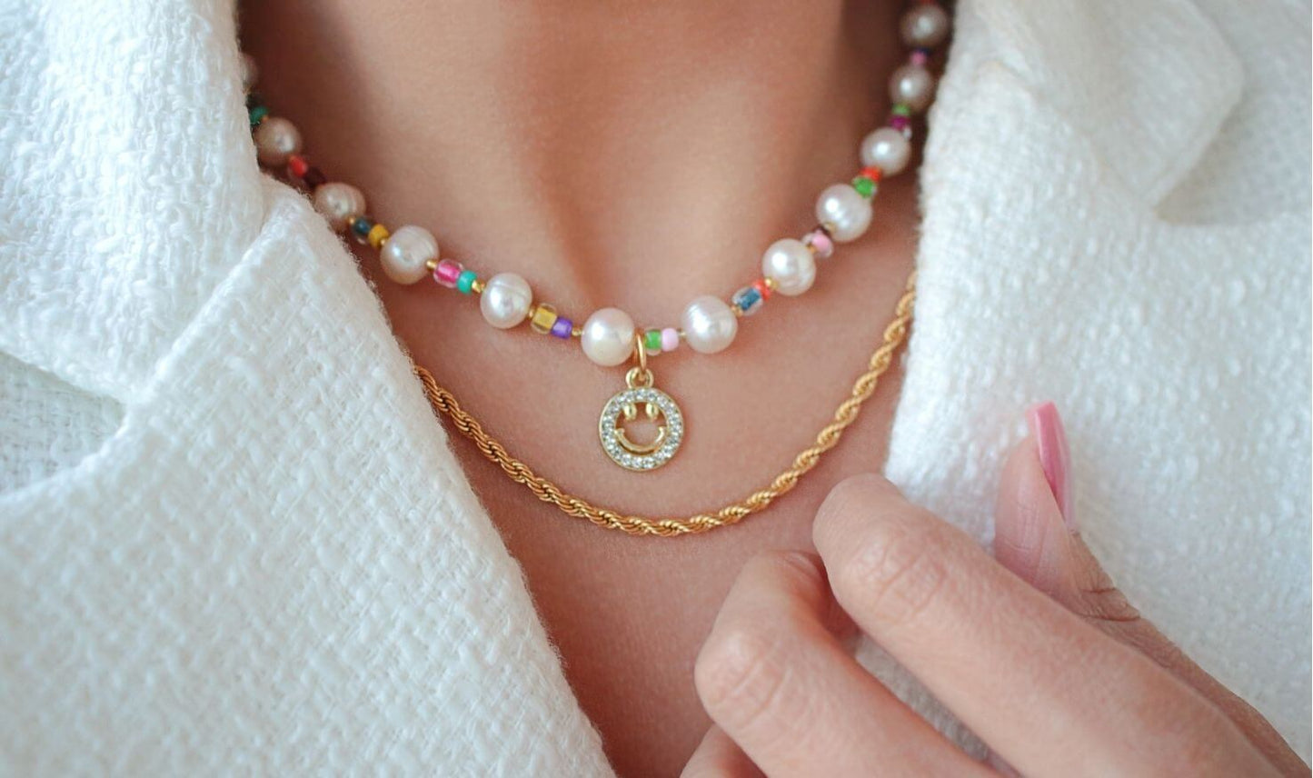 24K Gold Freshwater Pearls & Colorful Beads Choker – Playful Elegance