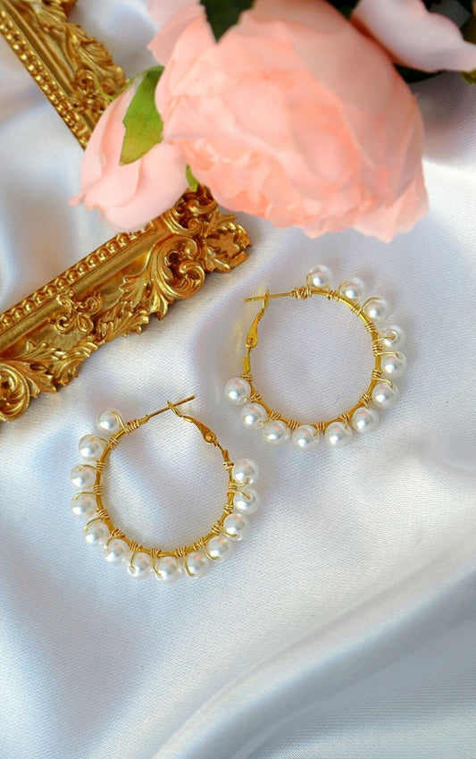 "Golden Elegance" – 18K Gold Hand-Wired Pearl Hoop Earrings