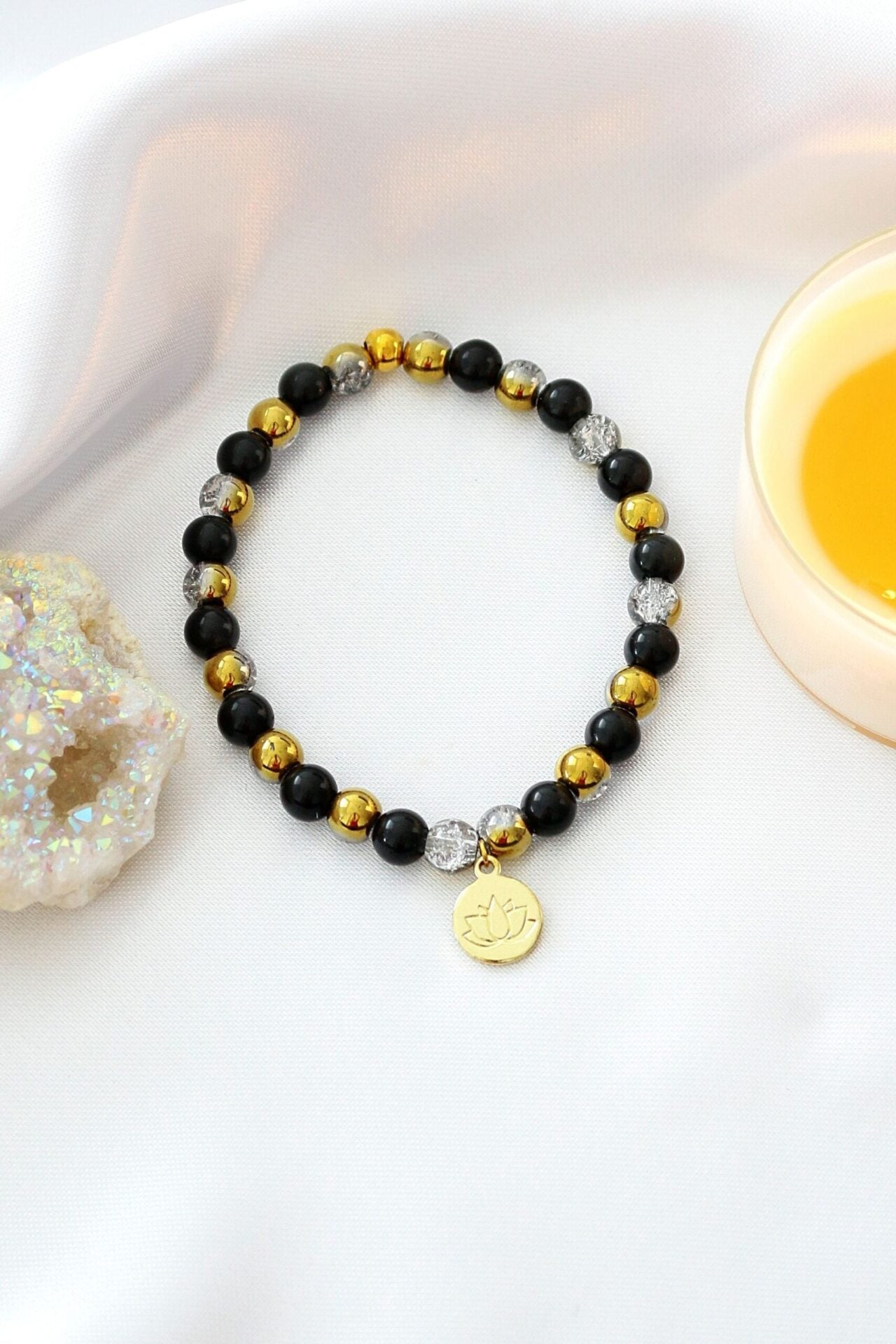 "Guardian Spirit" – Obsidian Protection Bracelet with 24K Gold Lotus Charm