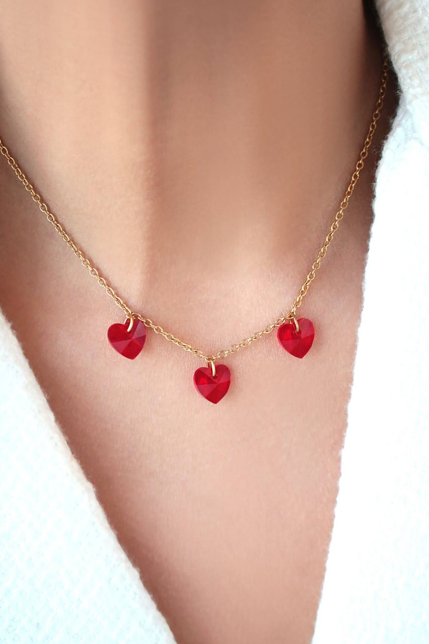 24K Gold Three Red Hearts Necklace – A Symbol of Love & Passion