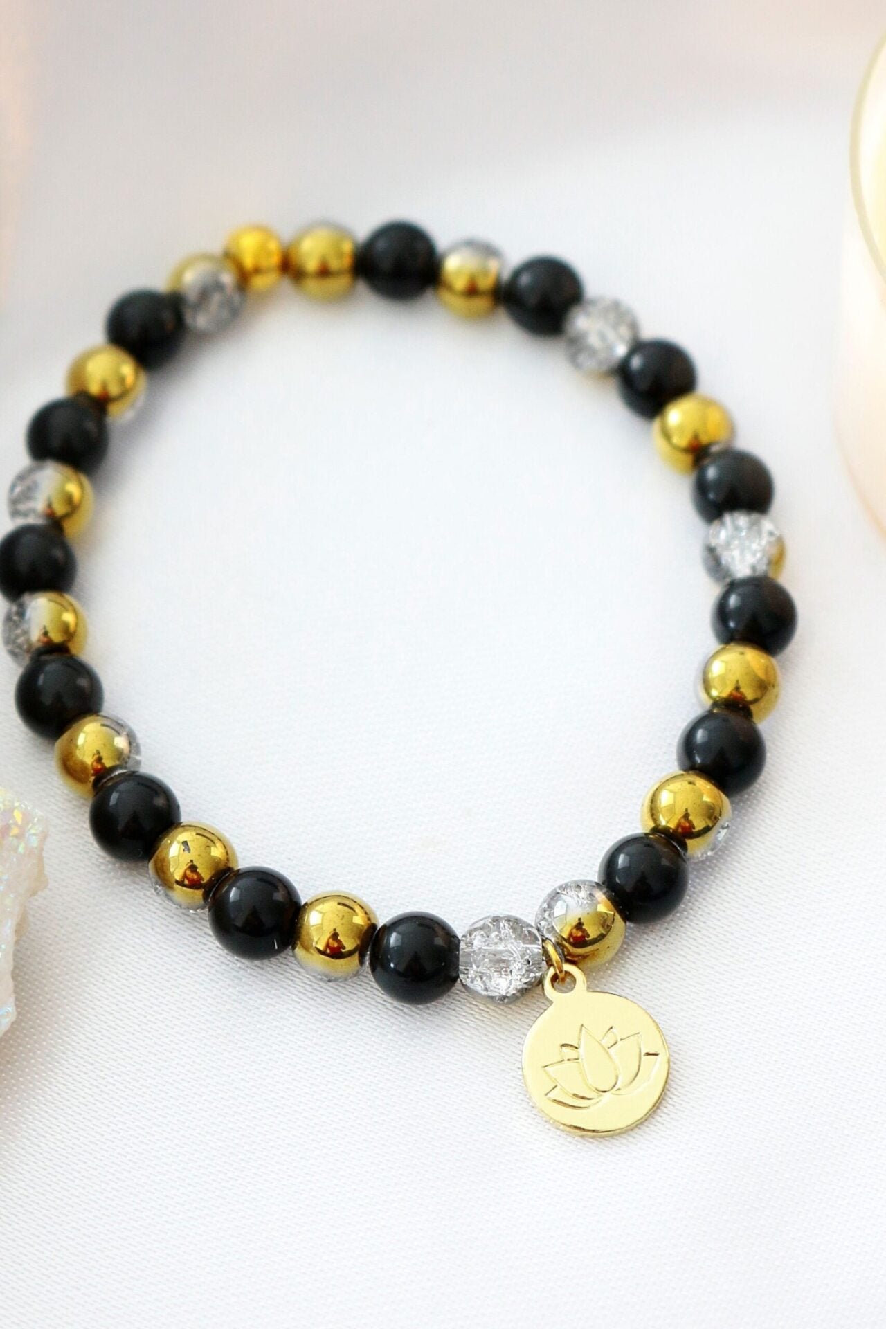 "Guardian Spirit" – Obsidian Protection Bracelet with 24K Gold Lotus Charm